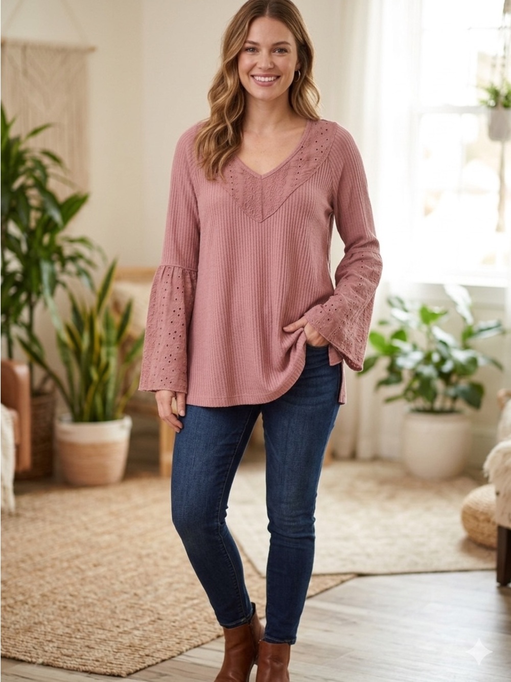 Free People Lace-Trim Ribbed V-Neck Tunic in Dusty Rose